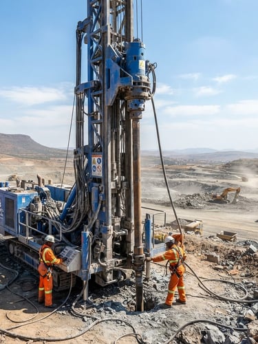 Wide shot of a massive blue hydraulic drilling rig operating under bright South African sunlight, industrial steel pipe being lowered, professional engineering context.