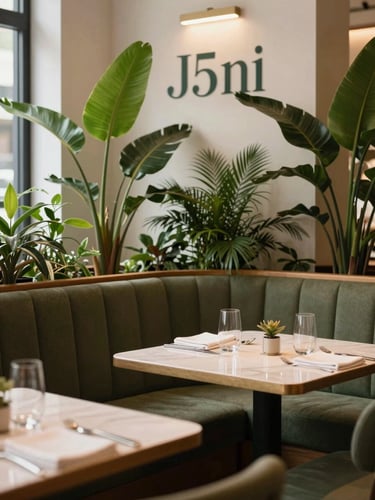 Warm, inviting corner of a restaurant dining room, soft ambient indoor light, comfortable seating, botanical accents, clean serif typography elements in the background.