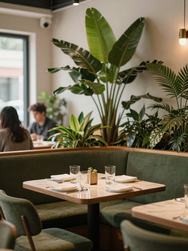 Warm editorial photography of an inviting, cozy corner of a restaurant dining room, soft ambient indoor light, comfortable seating, botanical decor, rich organic green tones, shallow depth of field, 35mm, a few blurred customers in the background.