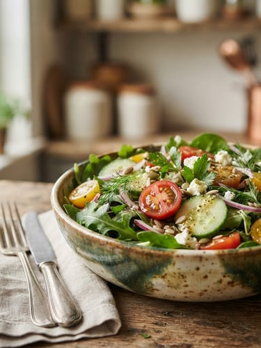 Wide vertical editorial food photography of a fresh, vibrant, colorful salad bowl with mixed greens, cherry tomatoes, cucumber, and a light dressing, soft natural daylight, rich organic green tones, shallow depth of field, 35mm, placed to the right.