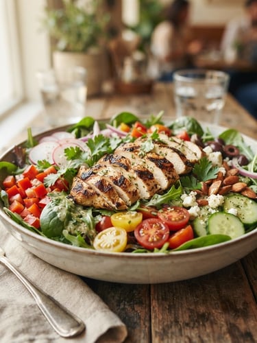 Wide shot of a vibrant, freshly prepared salad bowl with grilled chicken and various colorful vegetables, soft natural daylight, shallow depth of field, rich organic green tones.