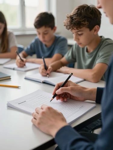 Close-up of a facilitator's hands on a table guiding a teenager through a printed worksheet in a classroom, natural side light from a window, notebooks and pencils visible, warm and focused atmosphere, shallow background showing more students at work
