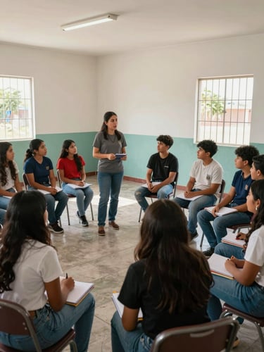 Close environmental shot inside a Mexican community center, a youth facilitator mid-conversation with a group of teenagers seated in a semicircle, natural afternoon light from side windows, notebooks and materials on laps, candid documentary framing showing the full room context