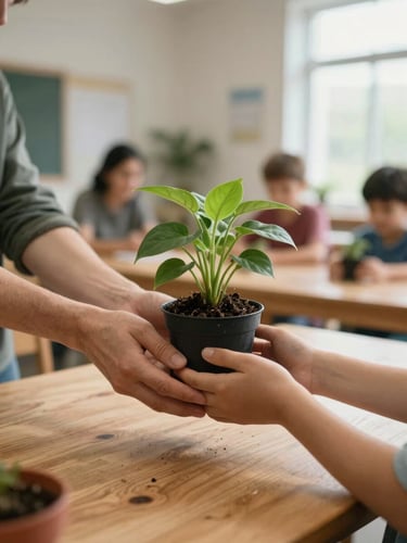 Close-up of two hands — an adult and a child — passing a small potted plant between them on a wooden table inside a community workshop, natural window light from the right, soft background of other participants blurred, warm and genuine moment