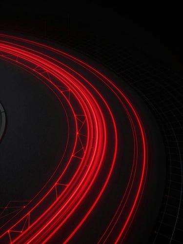 Wide isometric UI dashboard composition on a near-black surface, glowing red speed-line traces arcing across the frame from left to right, abstract road geometry rendered as thin neon vectors, digital grid overlay fading toward the right edge — no people, no text, pure graphic design automotive aesthetic