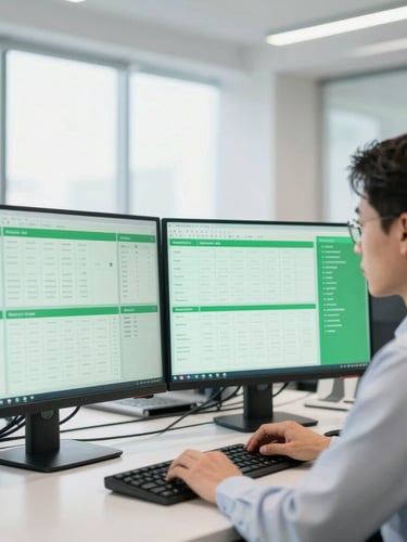 Close-up of a professional logistics coordinator in a modern office looking at digital tracking screens, bright daylight.