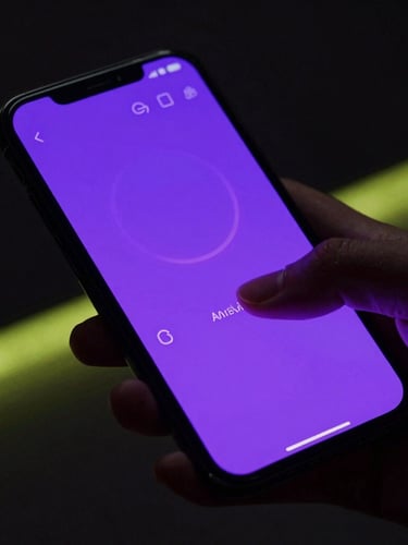Dynamic angled shot of a modern Android phone displaying a fluid, neon-violet vector interface mockup, dark dark background with subtle cyber lime glow