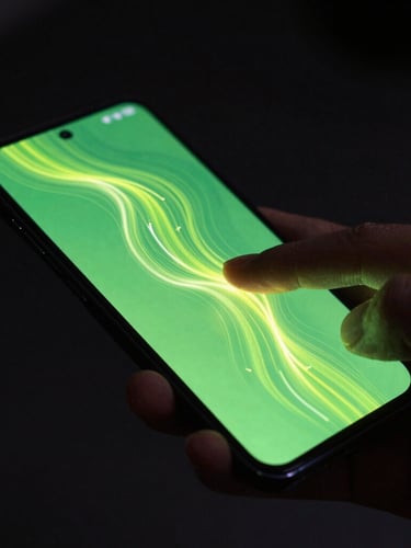 Dynamic angled shot of a modern Android flagship phone displaying fluid neon particles, electric cyber lime haptic waves radiating from a finger tap, dark moody ambient lighting