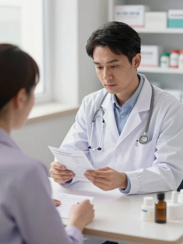 Warm editorial healthcare photography of a clinical consultation room, a doctor and pharmacist reviewing a medical prescription together, soft daylight, gentle lilac tones, 35mm lens.