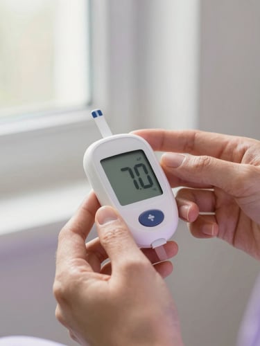 Close-up of gentle hands holding a modern blood glucose monitor under warm natural window light, soft focus background, clean and reassuring medical environment