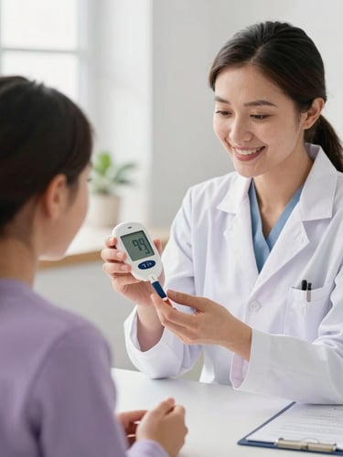 Warm editorial healthcare photography of a friendly pharmacist in Cuenca gently explaining a glucose meter to a family caregiver, soft natural daylight, gentle lilac and clean white tones, shallow depth of field, 35mm lens.