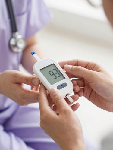 A close-up of supportive hands holding a glucose monitor during a warm consultation, soft natural light, shallow depth of field