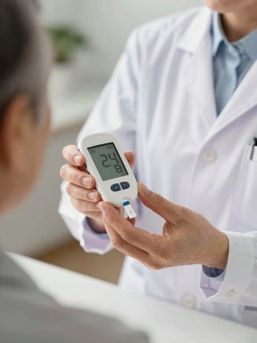 Warm editorial healthcare photography, close-up of a pharmacist in a clean white coat kindly handing a glucose monitor to an older patient, soft natural daylight, shallow depth of field.