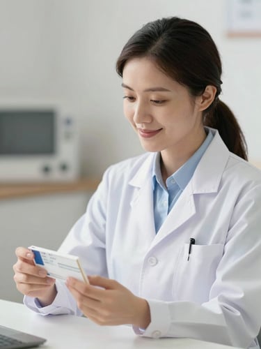 A professional pharmacist in a clean white coat discussing a prescription with a warm, caring expression, soft clinical background in Cuenca