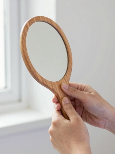 Close-up on hands holding a clean wooden foot mirror, soft natural window light, clinical but warm atmosphere, 35mm lens.