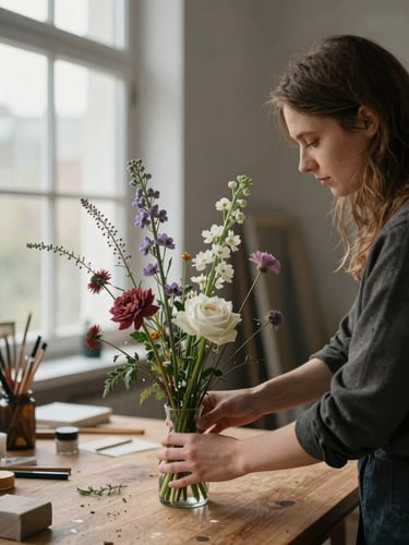 Portrait framing of Ewelina arranging tall floral stems into a centrepiece vase on a wooden studio table, soft overcast window light from the left, hands and flowers sharp, background softly out of focus, intimate atelier atmosphere