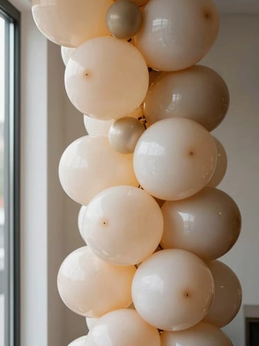 Close-up of a sculpted balloon garland installation in soft champagne and blush tones, organic clusters against a neutral interior wall, natural diffused daylight from the side