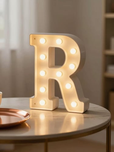 Close-up of an illuminated LED letter sign on an elegant side table, warm amber glow against a softly lit interior, copper charger plates stacked beside it, shallow depth of field