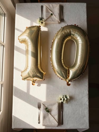 Flat-lay overhead of a styled milestone birthday table, numbered balloon detail at one corner, folded napkins and small floral accents, golden-hour window light grazing the surface from the left