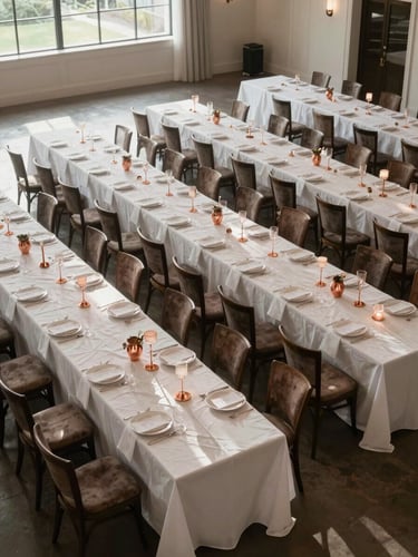 Overhead wide shot of a finished wedding banquet hall, empty, long tables set with white linen and copper candleholders, soft window side-light raking across the tablecloths