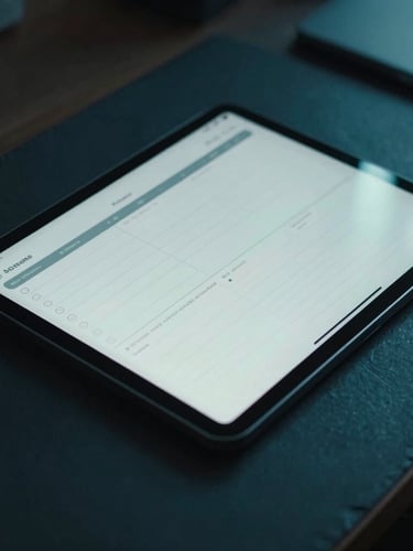 Tight macro shot of a modern digital tablet displaying a structured planner on a dark slate desk, subtle electric teal light reflecting on the screen, moody low-key ambient lighting, cinematic 35mm lens, sharp focus