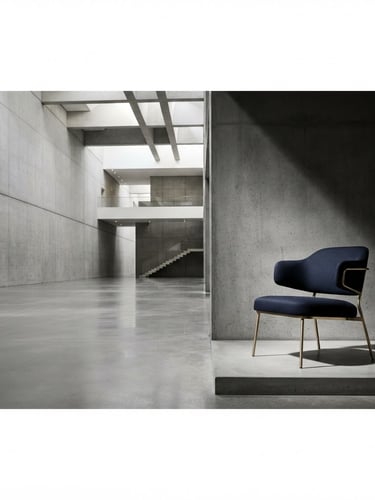 Wide panoramic shot of a minimalist architectural interior with high ceilings and polished concrete, sharp studio lighting, subtle gold accents on a sleek, empty modern chair positioned to the right, creating expansive negative space.