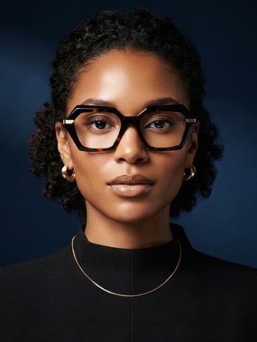 Elegant portrait of a model wearing high-fashion spectacles with architectural acetate frames, sharp studio lighting, deep navy backdrop, subtle gold accents on the frame, eye-level framing, crisp detail, premium editorial eyewear photography, high-contrast.