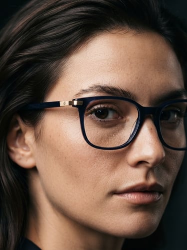 Close-up of sleek, dark acetate spectacle frames on a model, sharp studio lighting, deep navy and gold accents, high-contrast, crisp detail, 85mm lens