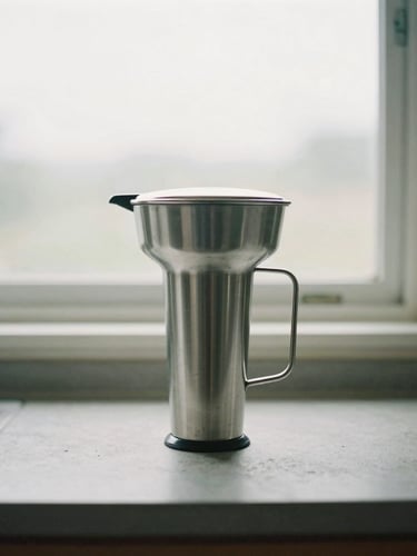 A minimalist stainless steel gravity water filter standing on a clean concrete countertop, soft overcast daylight through a window, muted natural tones.