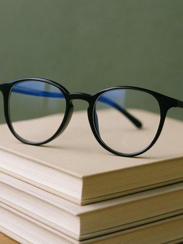 Close-up of minimalist blue-light blocking glasses resting on a stack of scientific journals, soft natural overcast light, muted forest green background, 35mm film aesthetic.