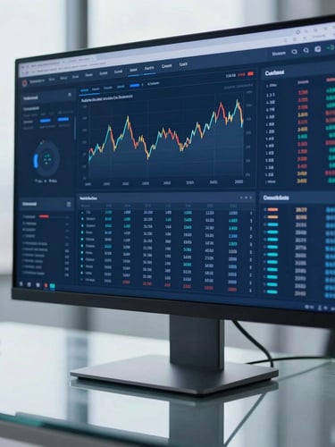 Close-up of a high-end data dashboard displaying financial metrics on a sleek monitor, cool blue screen glow reflecting off a glass tabletop, sharp focus, architectural depth