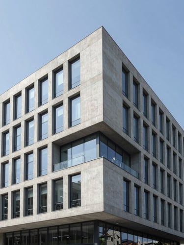 Editorial architectural shot of a modern concrete corporate office building with sharp angles and clean glass lines, crisp daylight, cool blue tones, 35mm lens