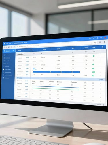 Editorial medium-close shot of a clean financial data dashboard on a modern desktop monitor, crisp natural daylight casting sharp shadows, cool blue screen glow, architectural lines of a corporate office in the background