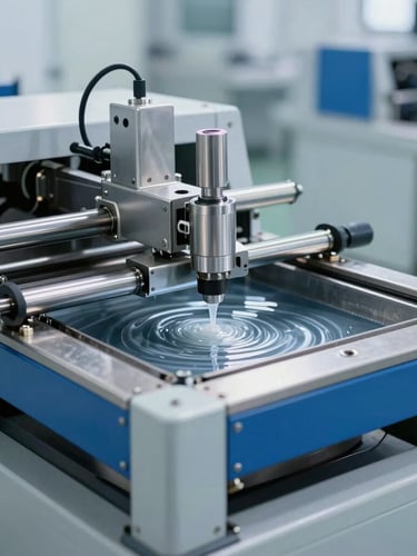 Wide shot of an industrial wave soldering machine in operation, showing molten solder wave, clean factory floor, bright cool studio lighting, metallic silver and deep blue tones, macro depth of field, 35mm