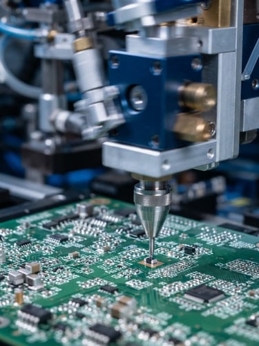 Close-up, macro shot of a robotic pick-and-place head in rapid motion, precisely placing a tiny surface mount component onto a PCB. Bright, cool industrial studio lighting, sharp focus, metallic silver and deep blue tones.