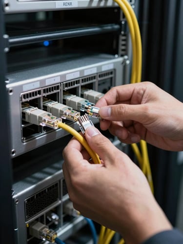 Close-up of a technician's hands routing ethernet cables through a server rack in a dimly lit server room, natural office fluorescent light casting sharp shadows, cable management clips visible, equipment labels in soft focus behind