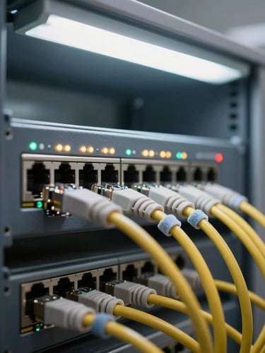 Detail shot of network switch ports with indicator lights active, ethernet cables neatly managed with velcro ties, cool fluorescent office light, slight depth of field showing rack equipment behind