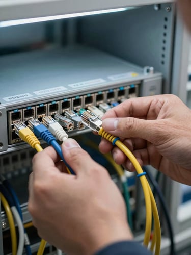 Close-up of a technician's hands routing ethernet cables into a patch panel under cool office fluorescent light, cable ties visible, equipment labels in soft focus behind