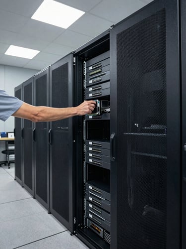 Wide shot of a server rack room in a mid-size office, overhead fluorescent lighting, a technician's forearm visible reaching into the rack to seat a drive, equipment labels visible on patch panels, utilitarian and unposed
