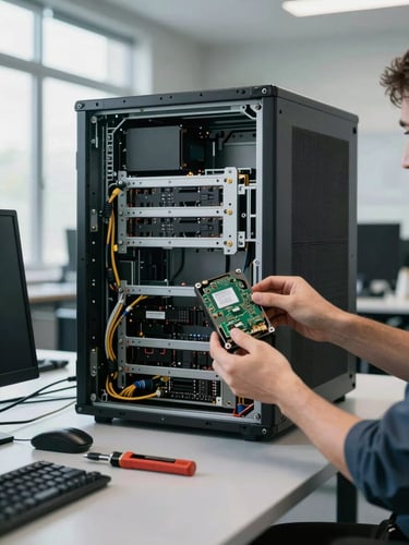 Wide shot of an open server chassis on a workbench in a real office environment, natural window light from the left, a technician's hands holding a drive module mid-installation, tools laid out in the foreground