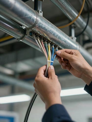 Close-up of a technician's hands routing structured network cables through a metal conduit in a factory ceiling duct, natural industrial overhead lighting, cable ties neatly applied, depth of field showing more conduit runs behind