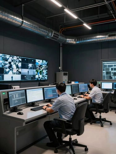 Wide environmental shot of an industrial control room interior, two operators seated at a multi-monitor desk reviewing camera feeds and access logs, task lighting overhead, cable runs visible along the ceiling duct, deep charcoal walls, facility monitors casting a cool blue glow, no staged elements