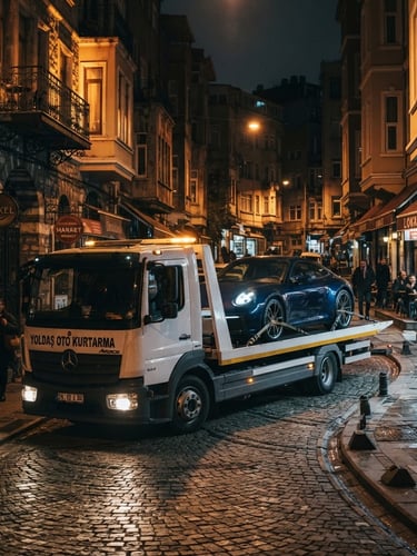Modern flatbed tow truck expertly navigating a narrow, well-maintained street in Beşiktaş, Istanbul, under cinematic night-time streetlights, securing a luxury car, deep moody tones, sharp focus, high-end editorial style, 35mm lens.