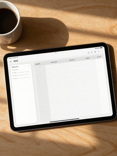Overhead flat-lay of a tablet displaying a minimalist digital planner on a warm wooden desk, soft golden hour sunlight casting gentle window shadows, a ceramic coffee cup nearby, 35mm lens.
