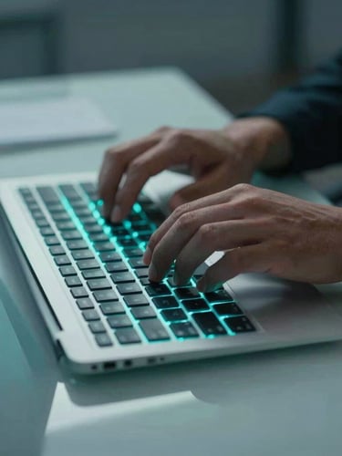 Close-up of hands typing on a modern keyboard, glowing teal screen reflection on sleek glass desk surface, cool studio lighting, sharp focus, 35mm