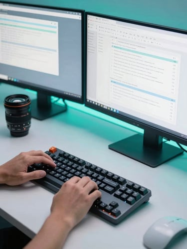Overhead workspace shot, hands on mechanical keyboard, dual monitors showing clean data workflows, cool focused studio light with subtle neon-teal ambient backlighting, 35mm lens