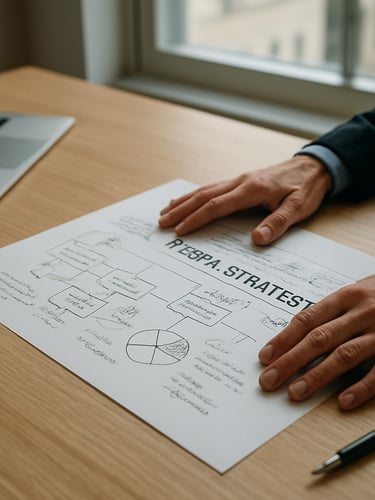 Wide environmental shot of a consultation workspace, a strategist's hands resting on an annotated media strategy document spread across a light oak desk, north-facing window light, no faces, focused and purposeful