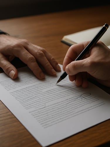 Close-up of a strategist's hands annotating a printed media pitch document on a wide oak desk, north-facing window light raking across the paper, a ruled notebook open beside it, shallow depth of field