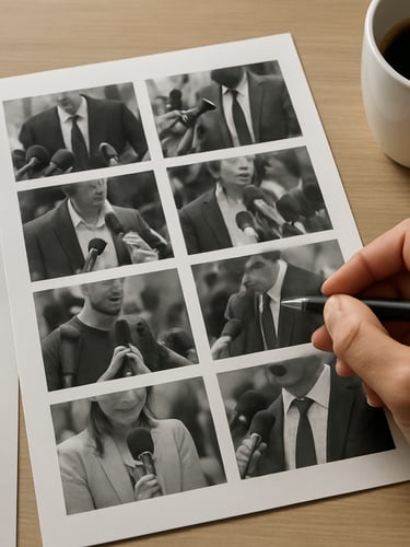 Close-up overhead study of a media research workspace — printed reporter contact sheets, a pen mid-annotation, and a coffee cup at the edge of frame, north-facing window light casting soft shadows, no faces, sharp editorial detail