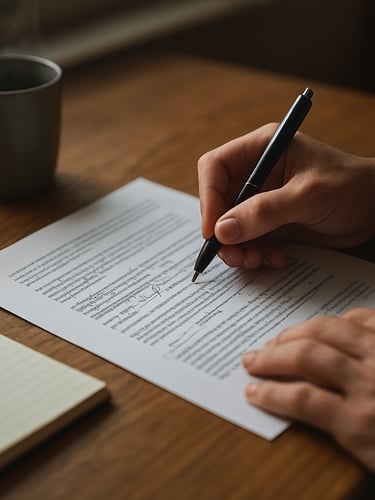 Close-up of a strategist's hands annotating a printed media pitch document on a wide oak desk, a steaming mug and a ruled notebook visible to the left, north-facing window light falling across the paper